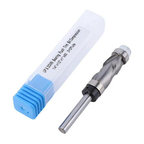 Heavy Duty Double Bearing Spiral Flush Trim Router Bit With 1/4 Inch Shank And Premium Tungsten Carbide Cutter shown with protective case.