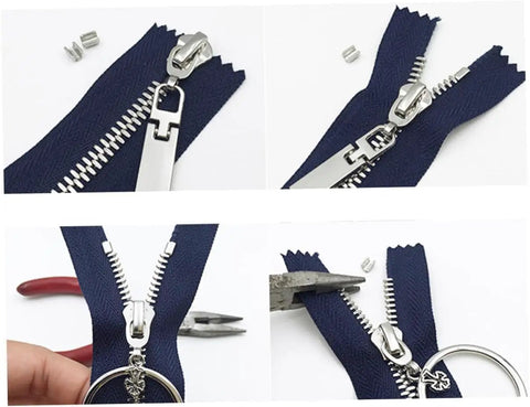 Two Pack Gold Zipper Pull Replacement Sliders For Luggage Backpacks Jackets Suitcases And Coats Built For Quick Reliable Zipper Repairs On The Go With Durable Tabs And Simple Snag Free Installation For Sewing Notions And Supplies displayed in use during installation on a blue fabric zipper.