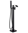 Matte Black Free Standing Tub Faucet With Hand Shower Floor Mounted Brass Tub Filler For Modern Bathrooms, angled view
