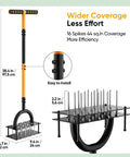 Manual Lawn Aerator With 16 Sharp Spikes For Deep Soil Penetration In A 4 By 4 Grid, black and orange finish, detailed measurements.