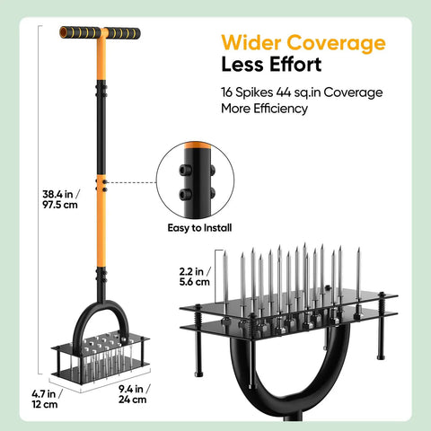 Manual Lawn Aerator With 16 Sharp Spikes For Deep Soil Penetration In A 4 By 4 Grid, black and orange finish, detailed measurements.