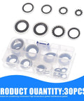 Thirty Piece Auto Air Conditioning Compressor Port Gasket Kit Battle Tested Rubber Sealing Rings For Cooling Pump High Temperature Resistant Setup Zero Sweat Universal Fit Replacement Hardware in clear box.
