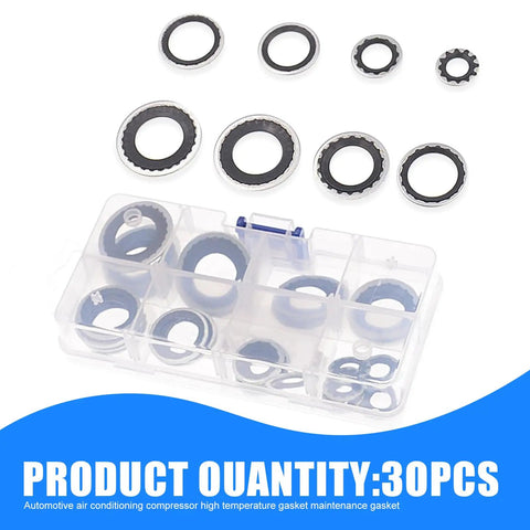 Thirty Piece Auto Air Conditioning Compressor Port Gasket Kit Battle Tested Rubber Sealing Rings For Cooling Pump High Temperature Resistant Setup Zero Sweat Universal Fit Replacement Hardware in clear box.