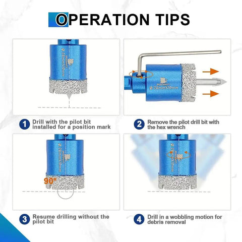 Step-by-step operation tips for Diamond Tile Hole Saw Kit With Pilot Bit And Chamfer Blade For Porcelain Ceramic Stone Marble Dry Diamond Core Bits With Triangle Shank And A Wide Range Of Diameters From 6 To 65 mm Pro Grade For Quick Clean Holes