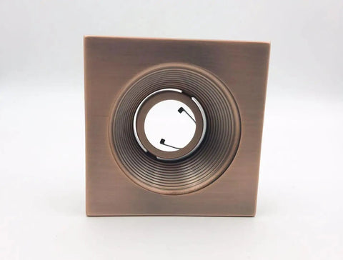 4" Low Voltage recessed Lighting Satin Stepped Baffle Antique Bronze Square Trim front view, showcasing GU10 socket.