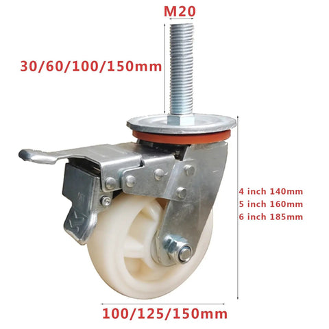 Heavy Duty Nylon Swivel Casters With Locking Brake, 4 Inch Threaded Stem Wheels, close-up view showing stem and wheel design.