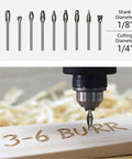 Straight Shooter 10 Piece Solid Tungsten Carbide Rotary Burrs Featuring 1/8 Inch Shank And Single Cut Flutes for wood engraving.