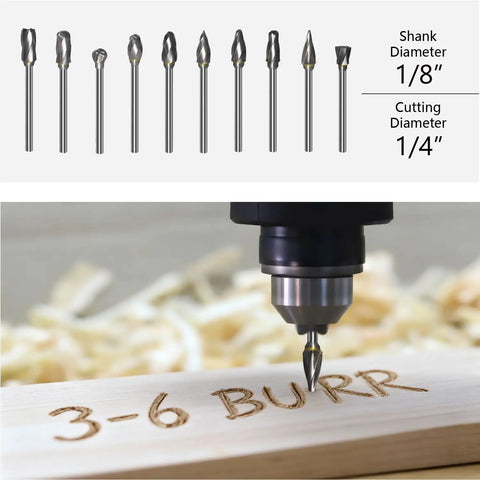 Straight Shooter 10 Piece Solid Tungsten Carbide Rotary Burrs Featuring 1/8 Inch Shank And Single Cut Flutes for wood engraving.