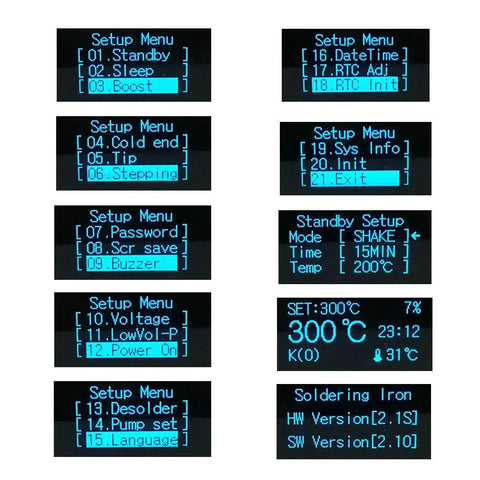 T12 Soldering Iron Station With OLED Display STM32 V2.1S Temperature Controller menu options and settings screen view