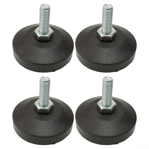 Heavy Duty M8 Thread Leveling Feet Lock Down Your Home Gym Setup With Zero Wobbles, steel construction, pack of four with rubber bottoms.
