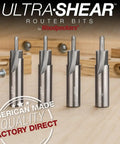 Heavy Duty Solid Carbide Counterbore Slotting Router Bits Four Piece Set With Two Flute One Half Inch Shank displayed on wooden surface.
