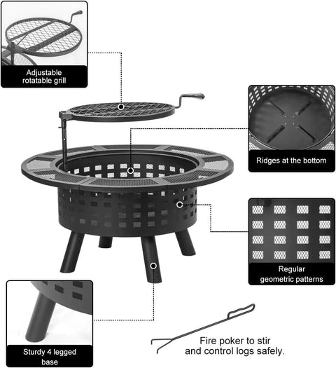 36 Inch Outdoor Fire Pit With Grill And Lid Wood Burning Fire Pit Table 3 In 1 Metal Fire Pit With Cooking Grate And Fire Poker, jet black