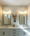 32 Inch Chrome Vanity Light Fixture Over Mirror With Crystal Glass Globes, Vintage Gloss Finish, Four Lights in bathroom