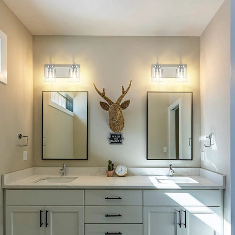 32 Inch Chrome Vanity Light Fixture Over Mirror With Crystal Glass Globes, Vintage Gloss Finish, Four Lights in bathroom