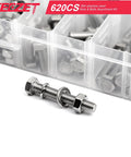 YEEZET 620pcs stainless bolts and nuts set; foreground bolt with washer and nut, clear storage box in background