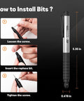 How to install bits in Heavy Duty 37000 RPM Cordless Engraving Pen. Steps to loosen, insert, and tighten bits.