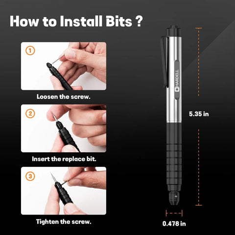 How to install bits in Heavy Duty 37000 RPM Cordless Engraving Pen. Steps to loosen, insert, and tighten bits.