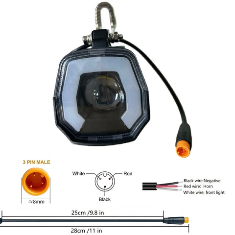 Front LED Headlight for Electric Bikes With Built In Horn 3 Pin Waterproof Connector Compatible With 36V 48V 52V 60V Night Riding Bright Bicycle Horn Light