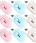 9 Pack Retractable Box Cutter Set with mini letter opener and cute cloud charm in pink, blue, and white colors