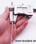 Outdoor Travel Security Cable Lock 3mm Braided Steel Wire Rope close-up, showing 3.3ft length and 3mm thickness with caliper measurement.