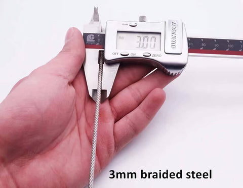 Outdoor Travel Security Cable Lock 3mm Braided Steel Wire Rope close-up, showing 3.3ft length and 3mm thickness with caliper measurement.