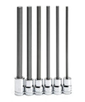 Long Length Hex Bit Socket Set for Three-Eighths Inch Drive, 6-Piece Metric Hex Sockets with S2 Steel Bits, Heat-Treated Bases, lined up.