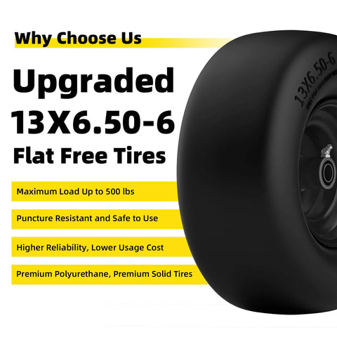 Heavy Duty 13x6.50-6 Flat Free Lawn Mower Tires And Wheels Set For Zero Turn Mowers Built To Last 500 Lb Load Universal Bearings