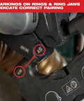 Close-up of M12 Force Logic Press Tool Kit With Jaws and 1 1/4 Inch CTS V Press Jaw Bundle showing markings for correct pairing