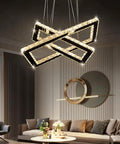 Two Ring Crystal Chandelier LED Ceiling Light In Stainless Steel above a modern living room setting