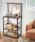 Solid Build Four Tier Wooden Storage Rack and Bakery Shelf for Your Kitchen or Living Room Featuring Rustic Industrial Charm Heavy Duty Microwave Oven Stand with No Sweat Assembly and Hella Tough Waterproof Finish in a cozy living room setup with decorative items.