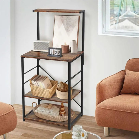 Solid Build Four Tier Wooden Storage Rack and Bakery Shelf for Your Kitchen or Living Room Featuring Rustic Industrial Charm Heavy Duty Microwave Oven Stand with No Sweat Assembly and Hella Tough Waterproof Finish in a cozy living room setup with decorative items.