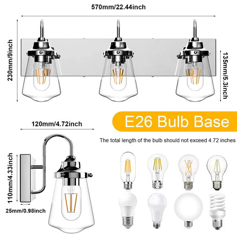 Chrome Vanity Light Fixture For Bathroom Three Light Farmhouse Style Over Mirror With Clear Glass Shades Bulbs Not Included