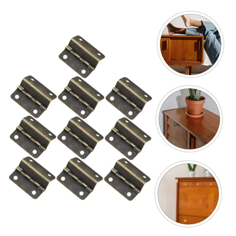 Ten antique-bronze three-fold right-angle hinges for wooden boxes; metal, durable, high-load capacity