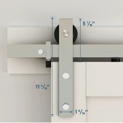 Close-up of Classic Interior Sliding Barn Door Kit with 72-Inch satin nickel two-piece track and mounting hardware detail.