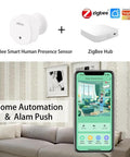 Smart Presence Sensor with Zigbee 5.8 GHz MmWave Radar detects people, static posture, micro motion, shown with app interface.