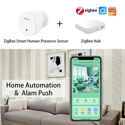 Smart Presence Sensor with Zigbee 5.8 GHz MmWave Radar detects people, static posture, micro motion, shown with app interface.