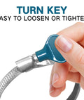 Hand holding turn key of Clear PVC Dust Collection Hose 4 Inch By 10 Foot, Puncture-Resistant Flexible Fume Hose With Carbon Steel Wire Coil