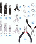 Pro-Grade Metal Zipper Repair Kit Set With Size 3, Size 5, And Size 8 Sliders Plus Dual Install Pliers, 85-Piece All-In-One Zipper Tool