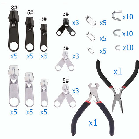 Pro-Grade Metal Zipper Repair Kit Set With Size 3, Size 5, And Size 8 Sliders Plus Dual Install Pliers, 85-Piece All-In-One Zipper Tool