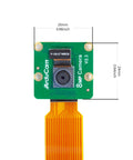 Close-up of Raspberry Pi Camera Module V2 8MP IMX219 with dimensions and 15cm FFC cable for Pi 5 and Pi Zero projects