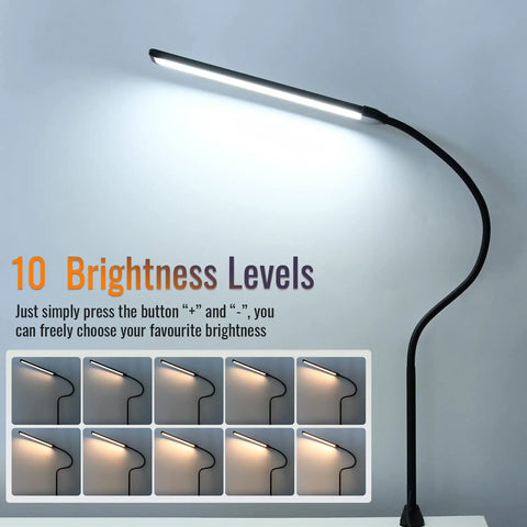 Lit LED Desk Lamp With Clamp, Tall Gooseneck Clip On Light, shown with 10 brightness levels, flexible 360 degree arm