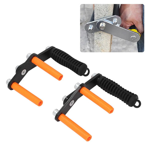 Pro Crew Approved Built Tough Heavy Duty Plywood Carrier And Panel Lifting Clamp Designed For No Sweat Hauling Glass Drywall Sheets Stainless Steel Puller with orange grips.