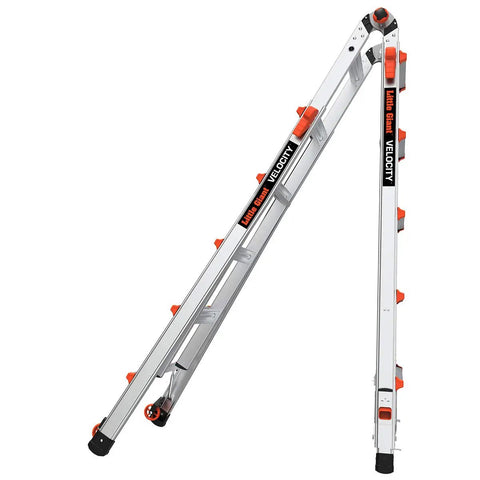 Velocity Aluminum Ladder Do-It-All 22 ft Multi-Position with Leg Levelers, Lightweight, Easy Extend and Lock, Ready for Any DIY Project, Home Renovation, Roofing, Painting, and Maintenance. 22 ft aluminum ladder shown in A-frame and extension positions with leg levelers