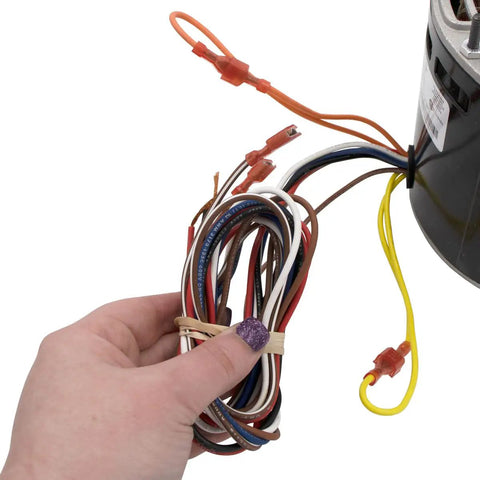 Hand holding wiring for Blower Motor 1/2 HP 1 Phase 3 Speed 120V 1075 RPM Direct Drive Sleeve Bearing 48 Frame for HVAC Furnace and Air Handler