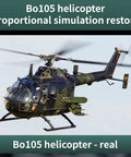 Green Bo105 helicopter in flight with detailed rotor blades and landing skids visible against the sky.