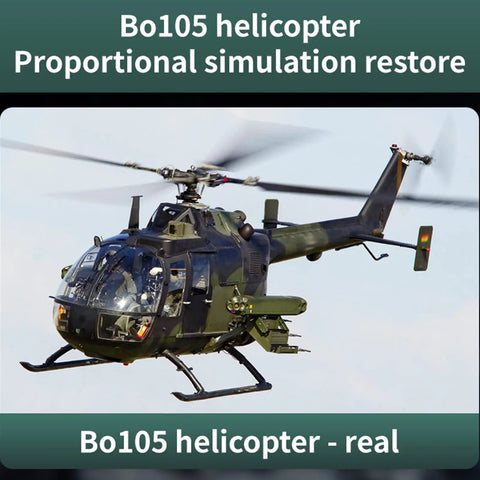 Green Bo105 helicopter in flight with detailed rotor blades and landing skids visible against the sky.