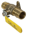 5 Piece Set 1 Inch PEX A Expansion Ball Valve With Drop Ear, Compatible With All PEX A Tubing, 400 PSI, ANSI NSF 61 ASSE 1061 Certified, Includes Expander Tool And PEX Sleeves showing brass valve with yellow handle.