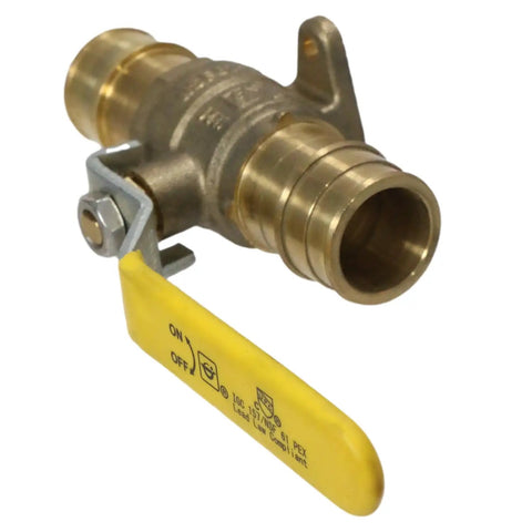 5 Piece Set 1 Inch PEX A Expansion Ball Valve With Drop Ear, Compatible With All PEX A Tubing, 400 PSI, ANSI NSF 61 ASSE 1061 Certified, Includes Expander Tool And PEX Sleeves showing brass valve with yellow handle.