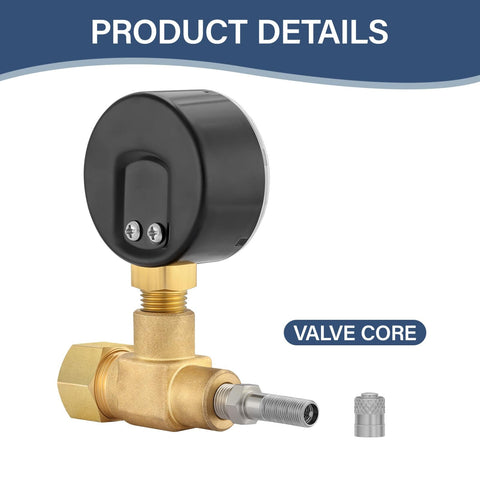 Air Over Water Test Regulator With Gauge For Home Plumbing Leak Detection, brass and black 2-inch dial, valve core visible