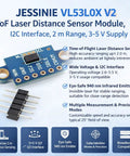 No Fuss VL53L0X V2 TOF Laser Distance Sensor Module with I2C hookup, 2m range, compact design for prototyping.